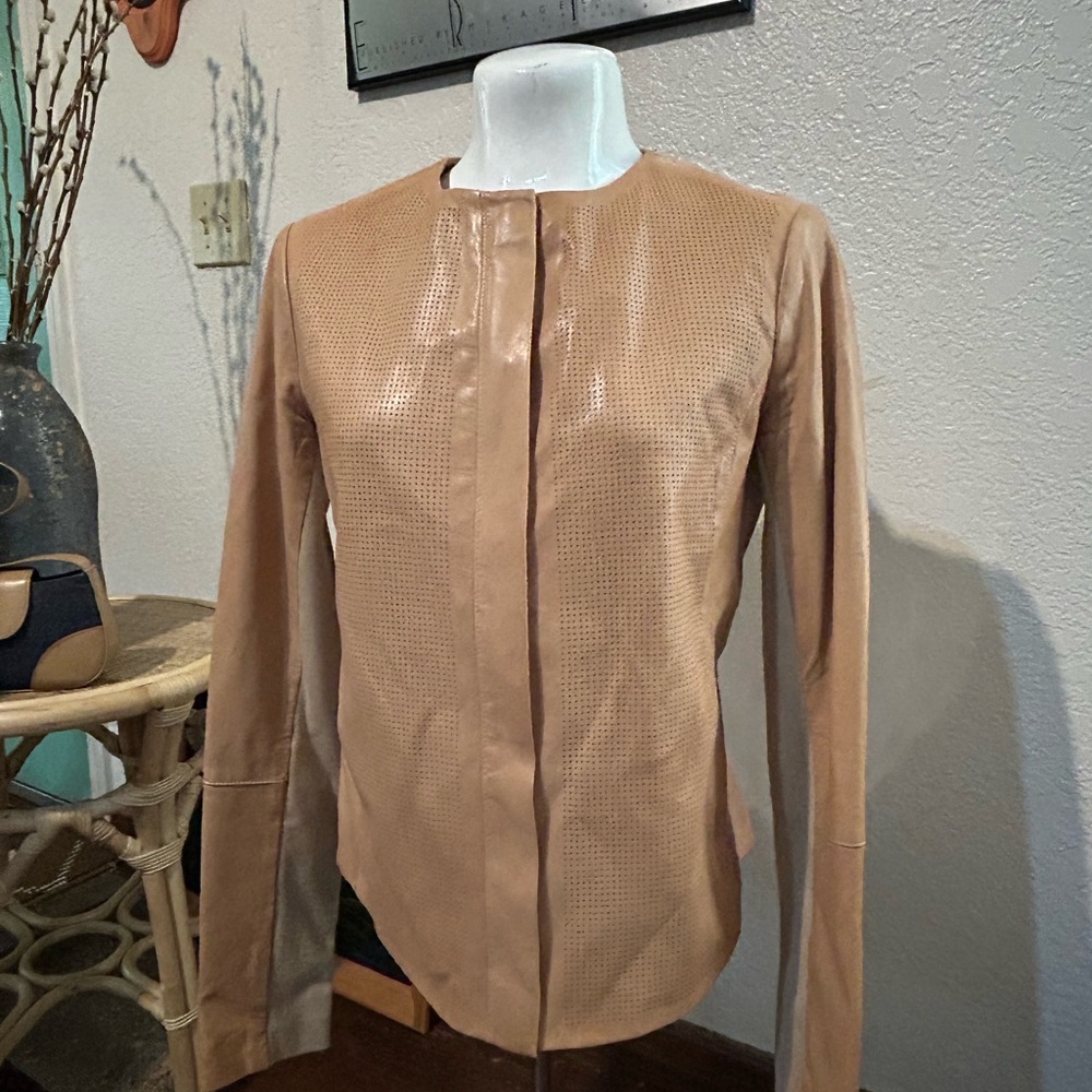 Vince Perforated Leather Jacket in Light Tan